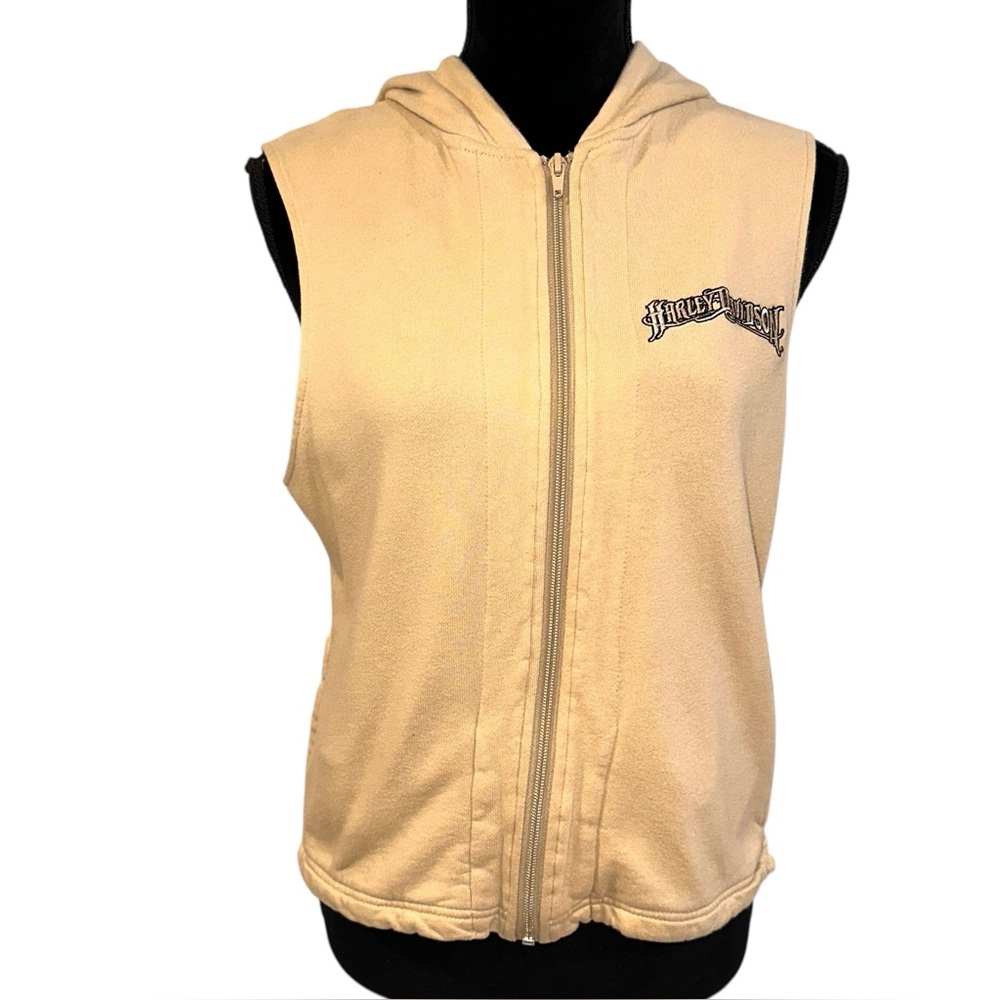 Harley-Davidson Cream Sleeveless Zip Front Hoodie Vest Size Medium